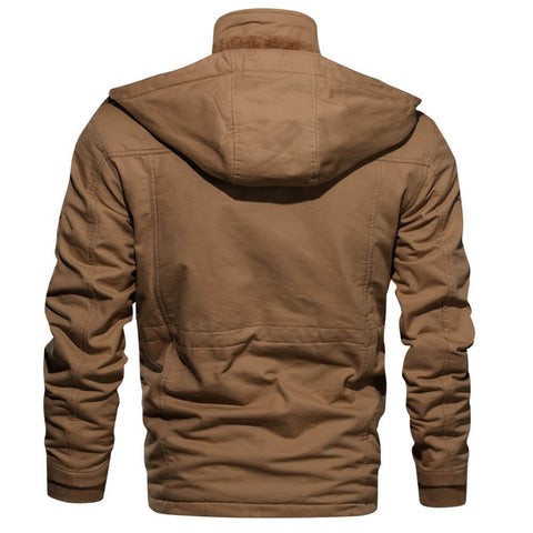 Cargojacke in Sandbraun mit Kapuze, Rückenansicht mit Fellkragen