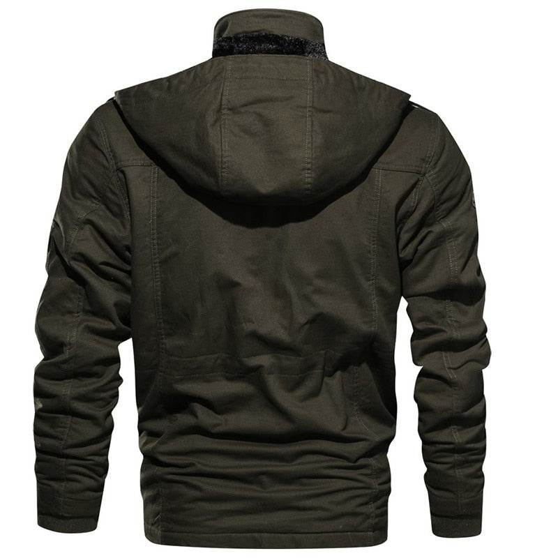 Olivgrüne Herren-Cargojacke mit Kapuze, Rückenansicht aus Baumwolle