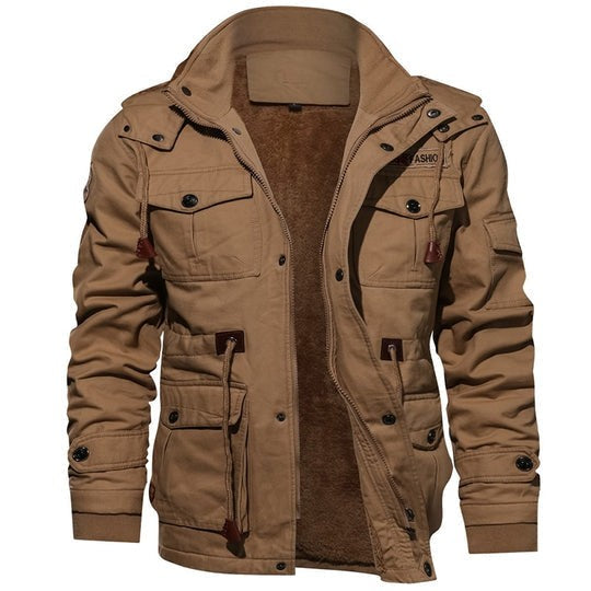 Sandfarbene Winterjacke mit Kunstfellfutter und Multi-Pocket-Design für Herren