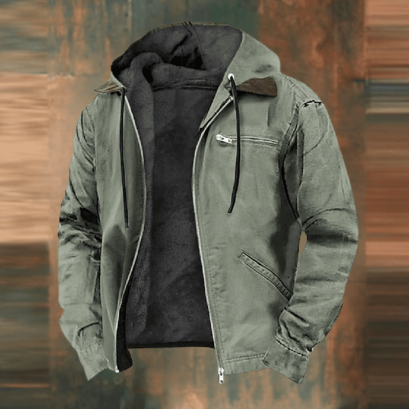 Olivgrüne Herren Winterjacke mit Kapuze und warmem Fleecefutter