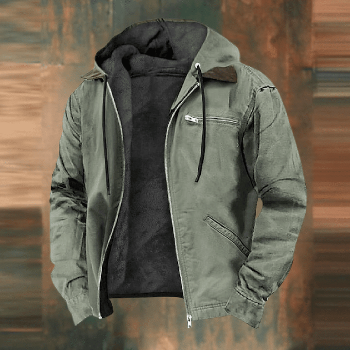 Olivgrüne Herren Winterjacke mit Kapuze und warmem Fleecefutter