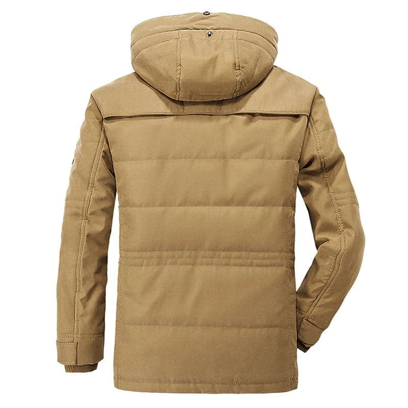 Sandfarbene Winterjacke mit Kapuze, Rückenansicht mit Steppdesign