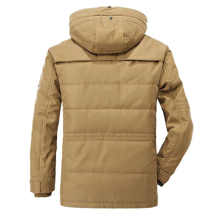 Sandfarbene Winterjacke mit Kapuze, Rückenansicht mit Steppdesign