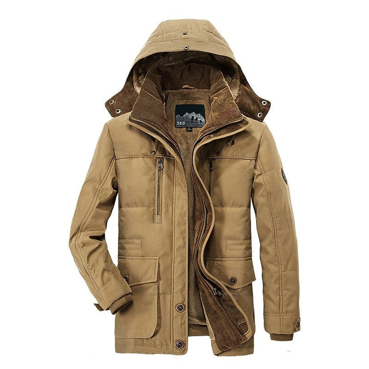 Beige Winterjacke mit Kapuze, Fellfutter und mehreren Reißverschlusstaschen