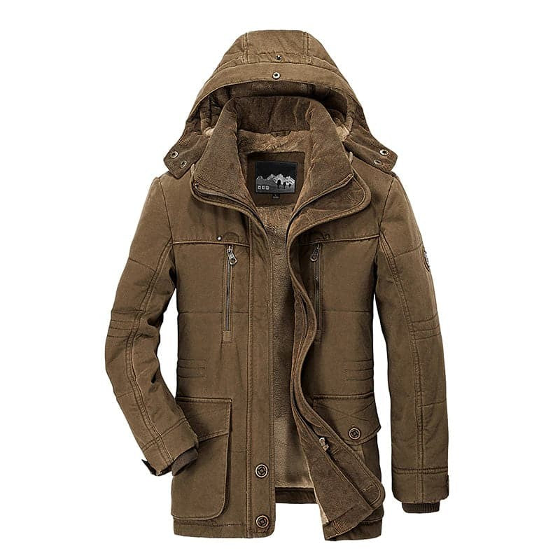 Khakifarbene Herrenjacke mit Kapuze, Kunstfellkragen und Brusttaschen