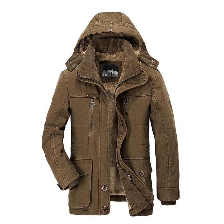 Khakifarbene Herrenjacke mit Kapuze, Kunstfellkragen und Brusttaschen