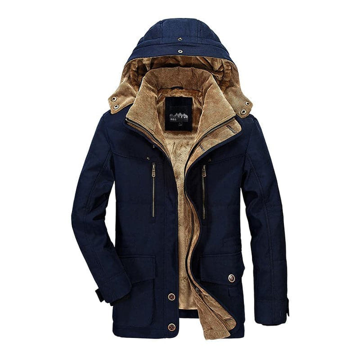 Dunkelblaue Winterjacke mit Kapuze, Fellfutter und Multitaschen-Design