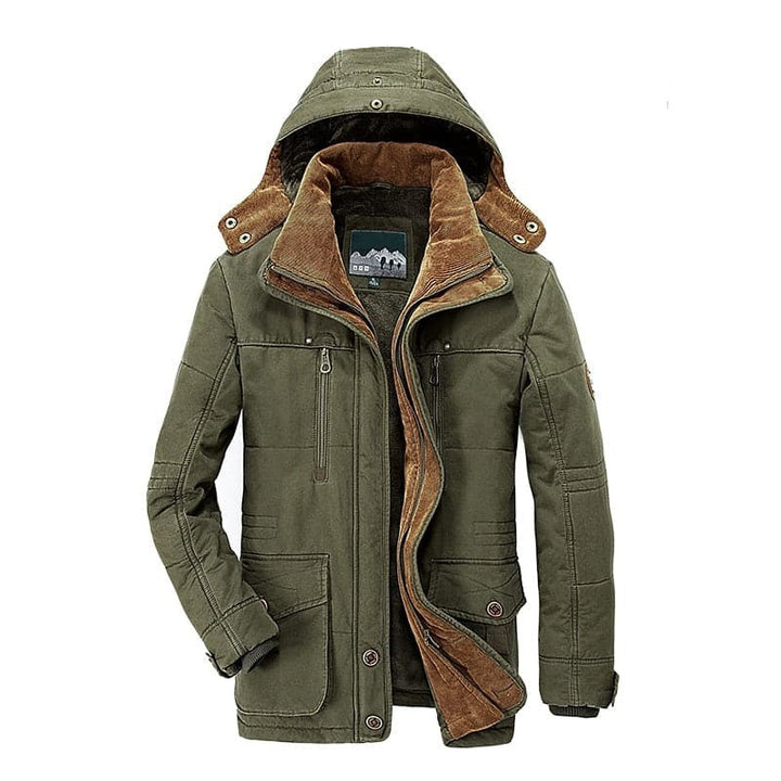 Olivgrüne Winterjacke mit Kapuze, Cordkragen und mehreren Taschen