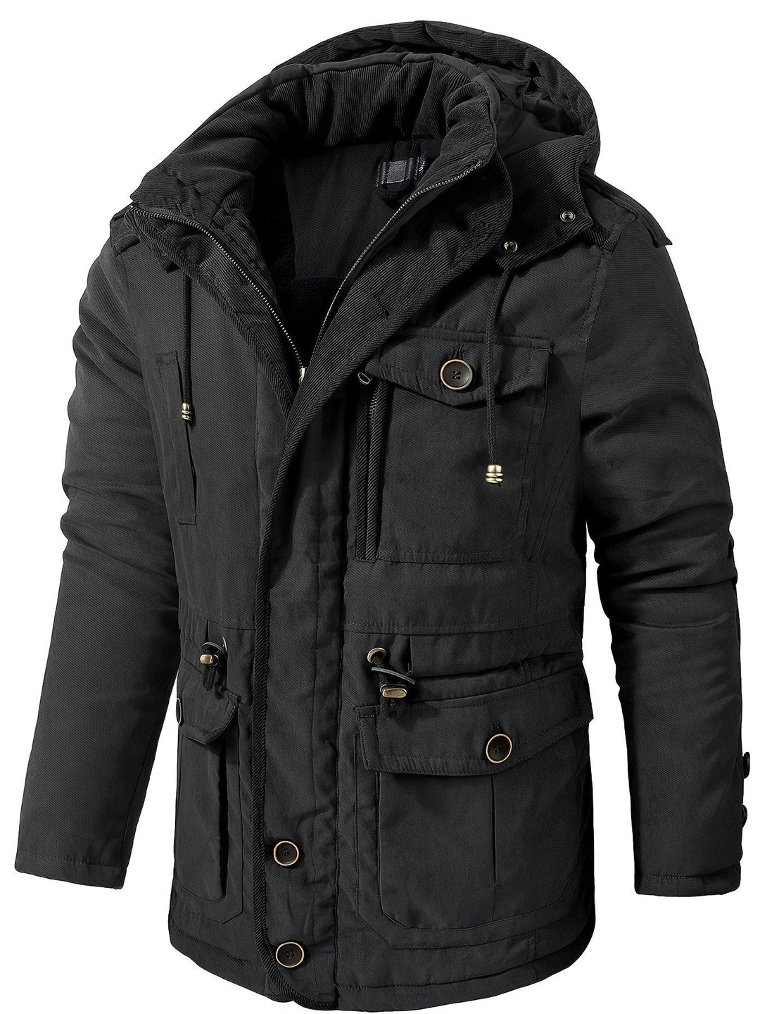 Schwarze Herrenwinterjacke mit Kapuze und mehreren Cargo-Taschen