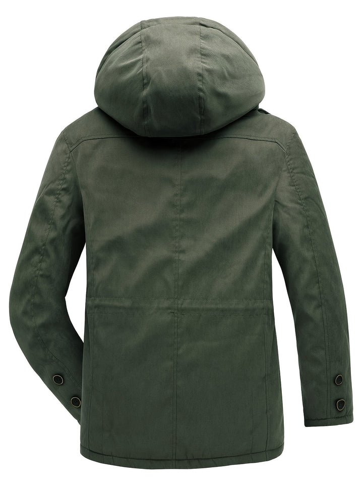 Olivgrüne Winterjacke mit Kapuze, Rückenansicht ohne Model