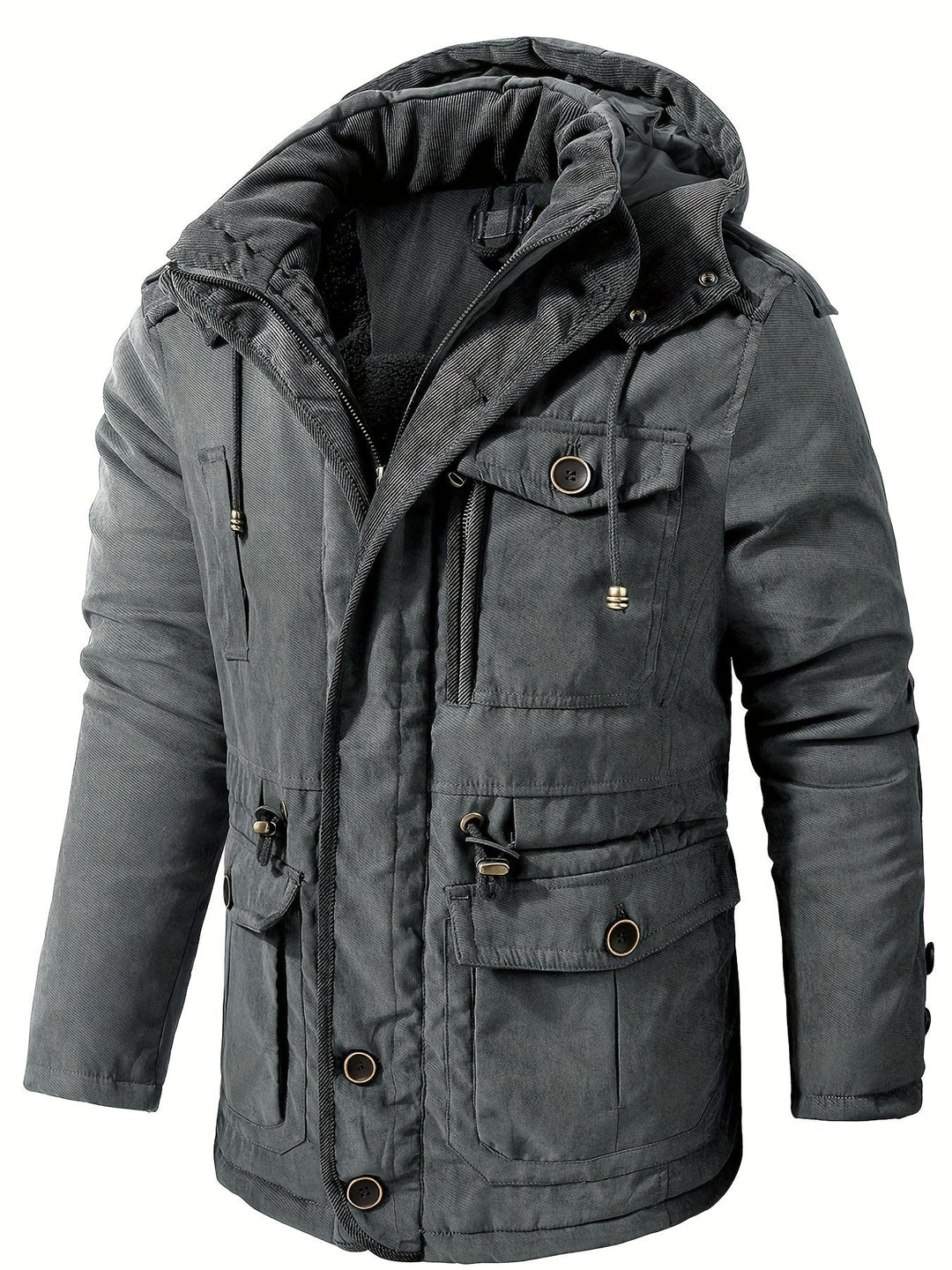 Graue Winterjacke mit Kapuze, Kordelzug und gefüttertem Innenmaterial