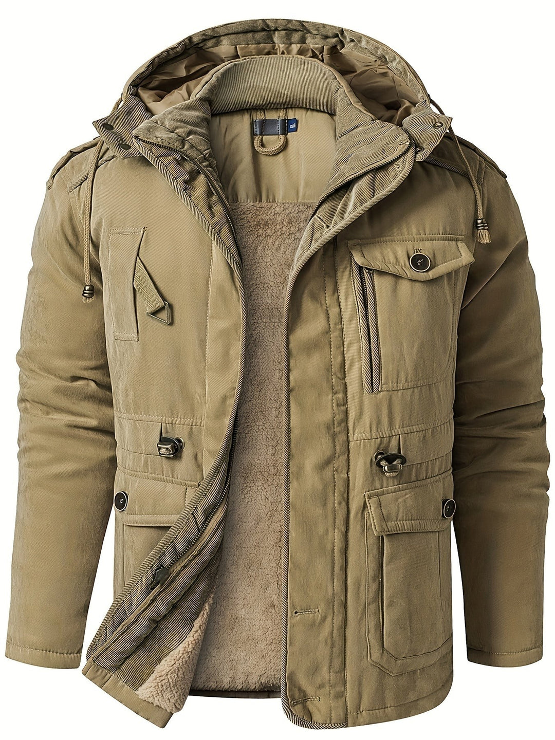 Beige Herrenjacke mit Kapuze, Fellfutter und praktischen Brusttaschen