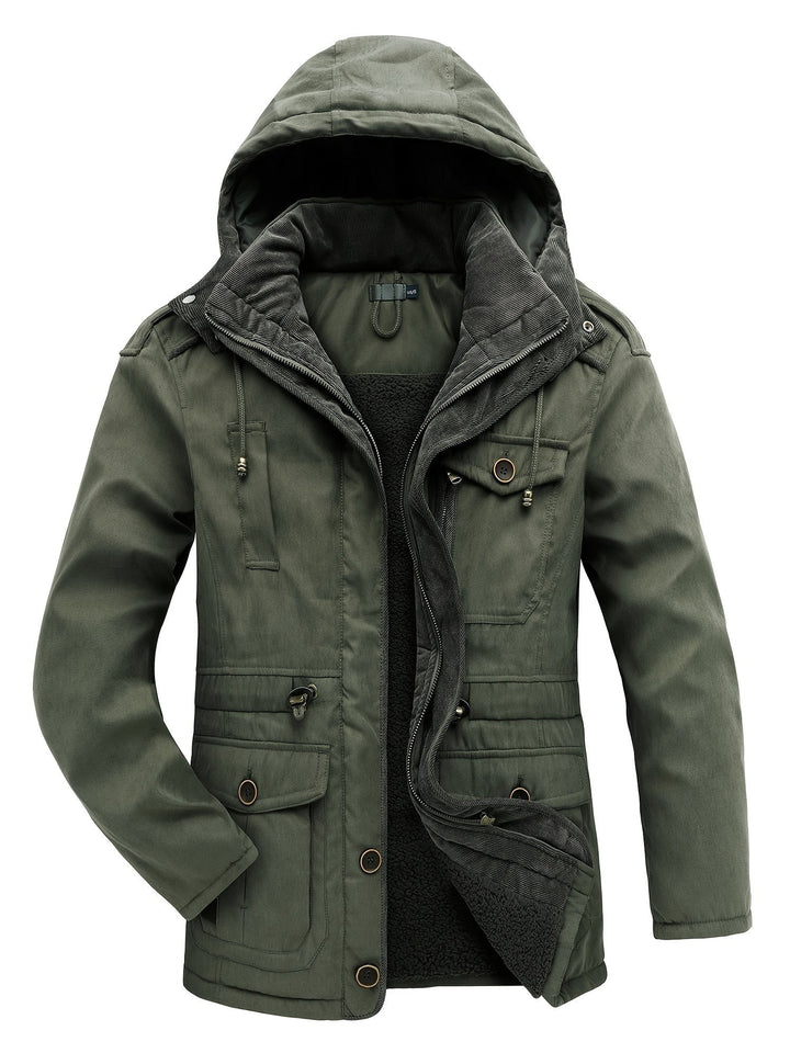 Olivgrüne Winterjacke mit Kapuze, offenem Reißverschluss und Fleecefutter