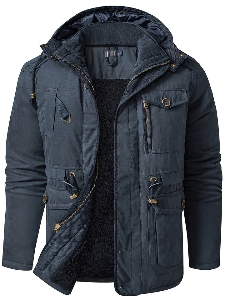 Dunkelblaue Herrenjacke mit Kapuze, Kordelzug und warmem Innenfutter