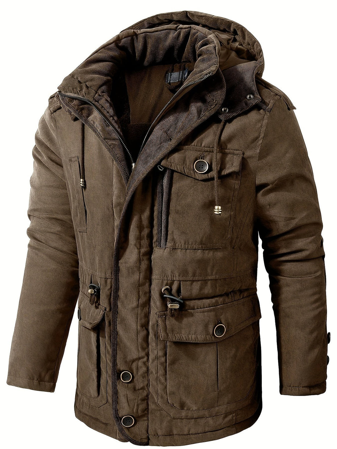 Khakifarbene Winterjacke mit Kapuze, Cargo-Taschen und Kordelzugtaille