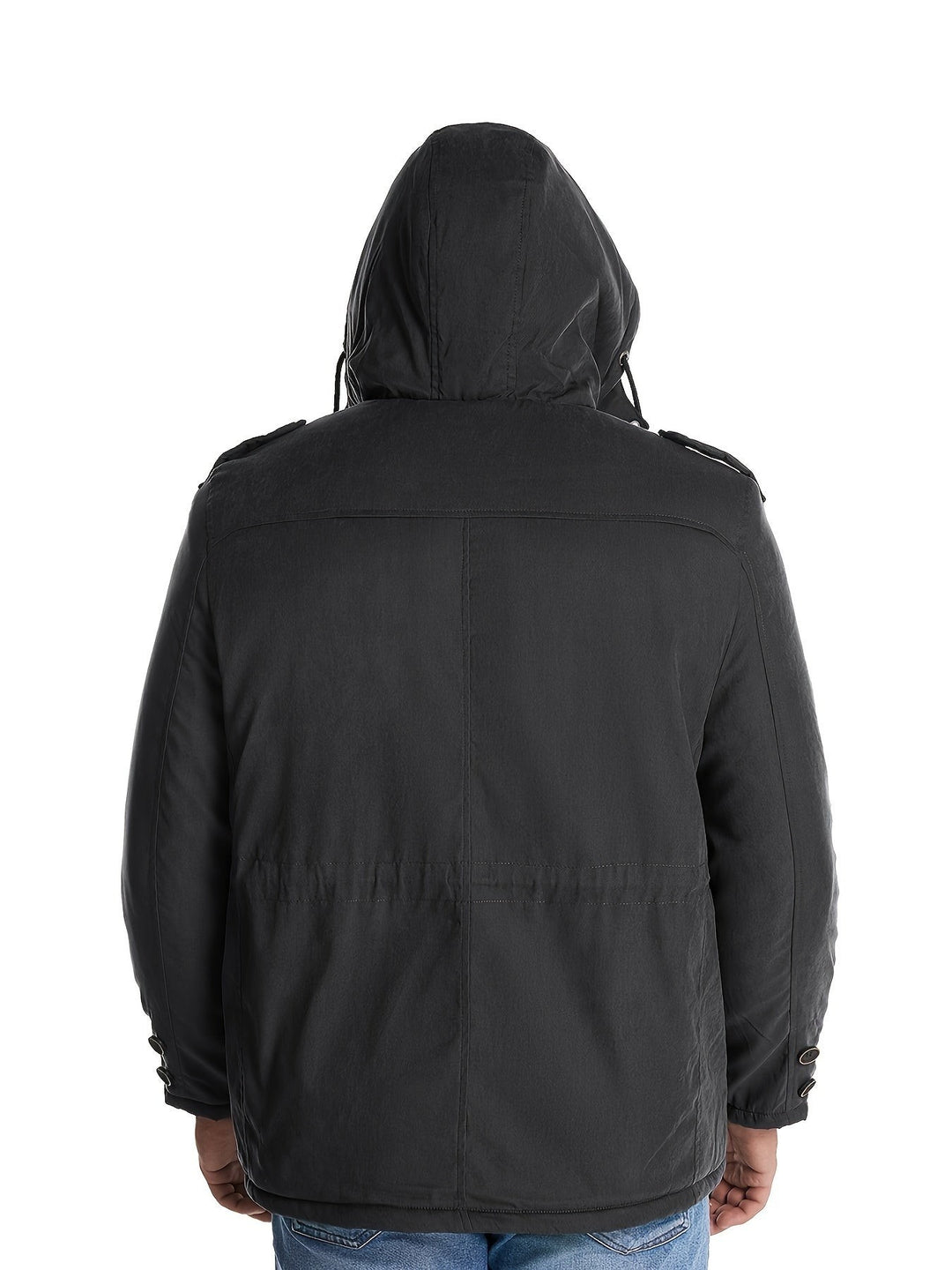Schwarze Herrenjacke mit Kapuze, Rückenansicht am tragenden Model