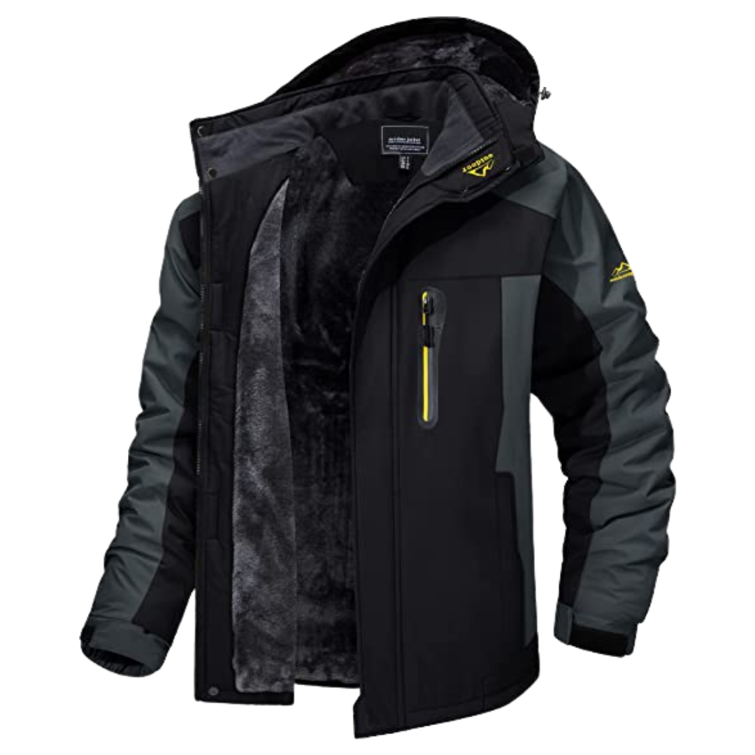Schwarze Herren Winterjacke mit Kapuze und plüschigem Innenfutter
