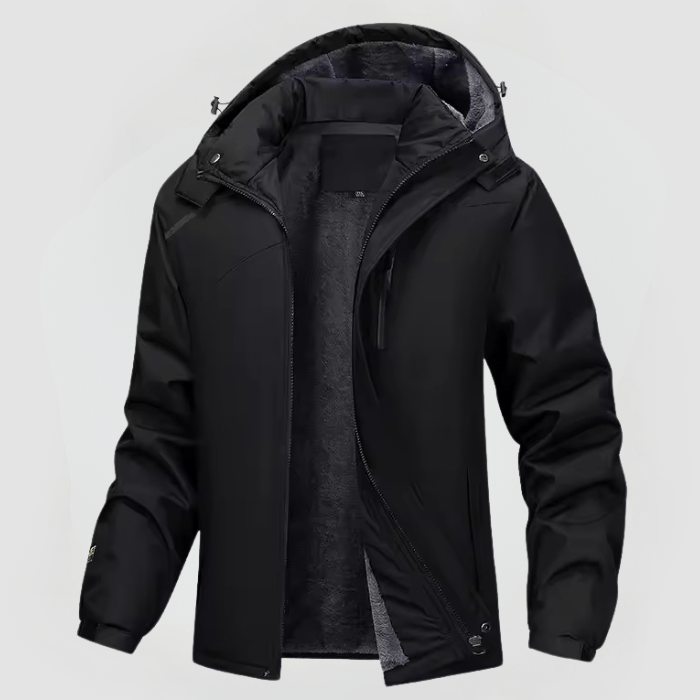 Schwarze Herren-Winterjacke mit Kapuze und warmem Fleecefutter, offen getragen