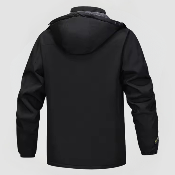 Schwarze Herrenjacke mit Kapuze von hinten, wind- und wasserabweisendes Material