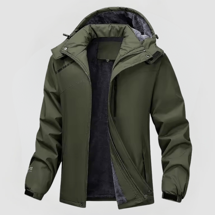 Olivgrüne Winterjacke mit Kapuze und Fleecefutter, Reißverschluss geöffnet