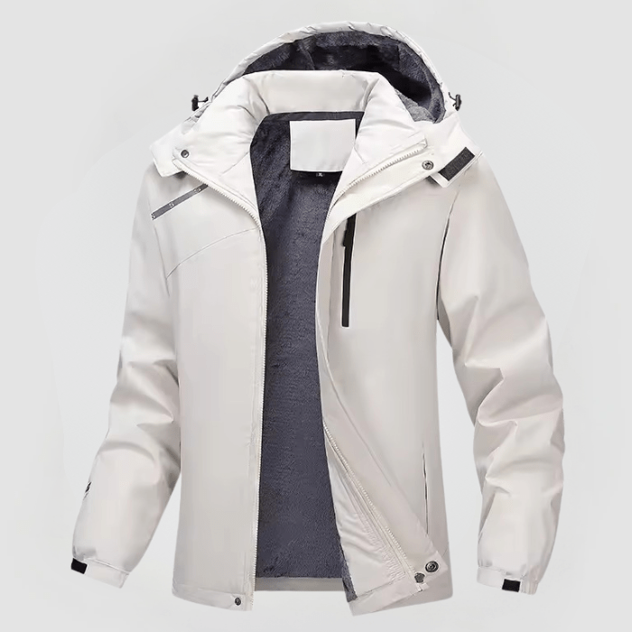 Cremeweiße Herren-Winterjacke mit Kapuze, Reißverschlusstaschen und Fleecefutter