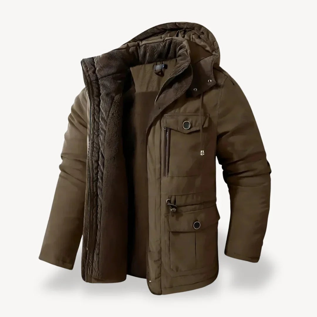 Olivgrüne Herren-Winterjacke mit warmem Fleece-Futter und Kapuze