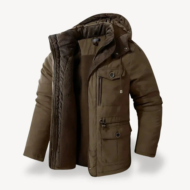 Olivgrüne Herren-Winterjacke mit warmem Fleece-Futter und Kapuze