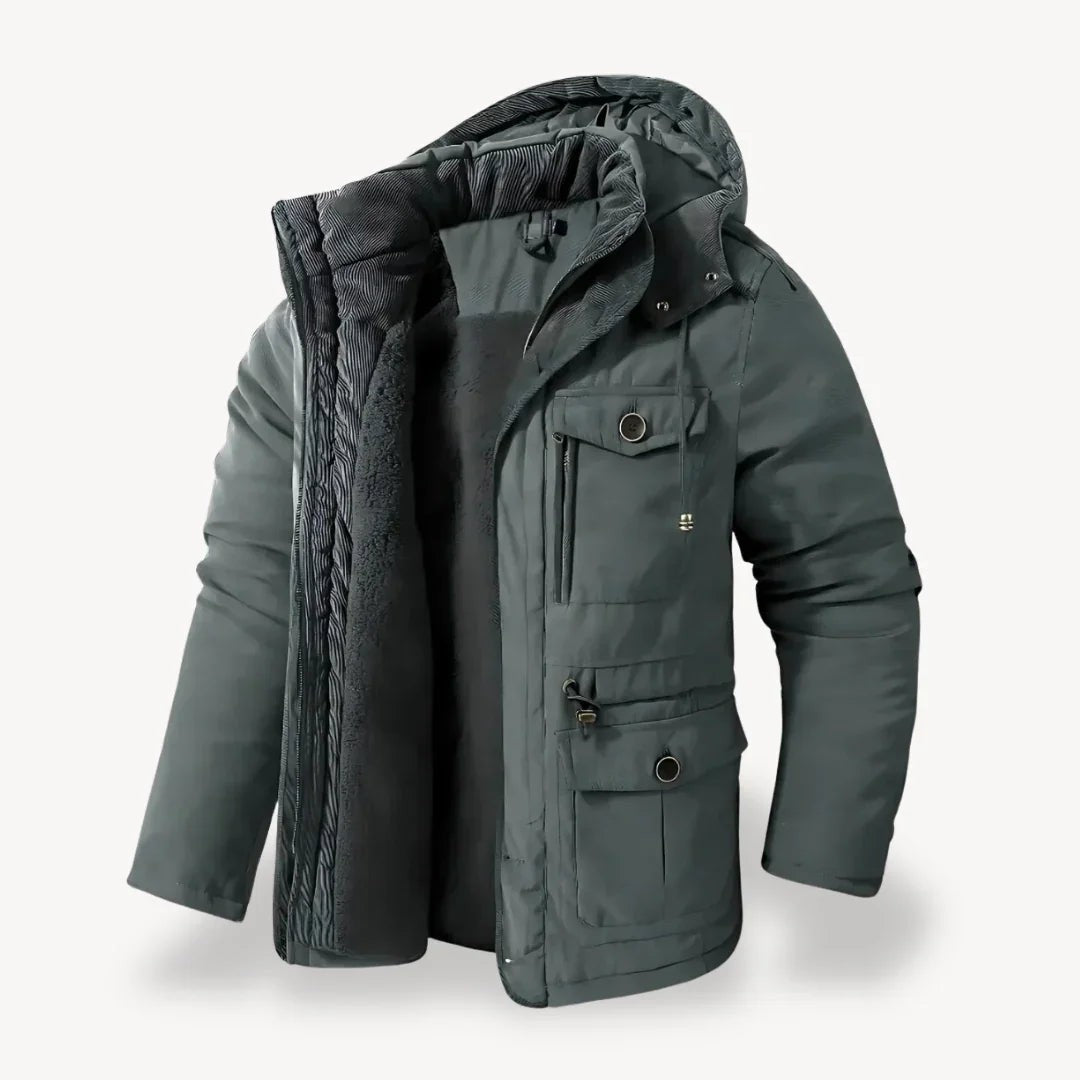 Dunkelgraue Winterjacke mit Kapuze und kuscheligem Fleece-Innenfutter