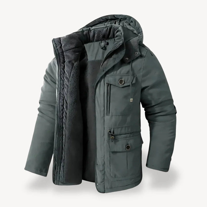 Dunkelgraue Winterjacke mit Kapuze und kuscheligem Fleece-Innenfutter