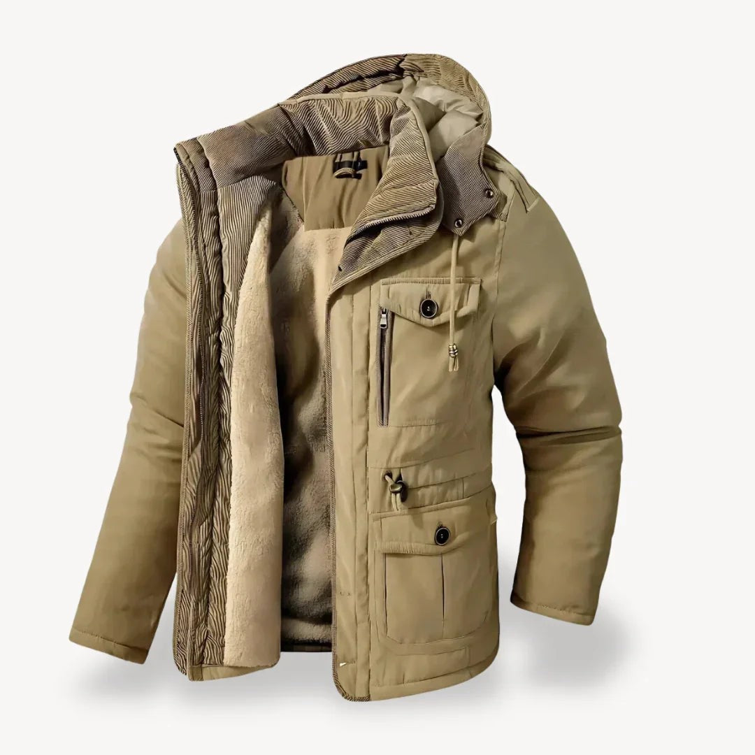 Beige Winterjacke mit Fleece-Futter, Kapuze und praktischen Cargo-Taschen