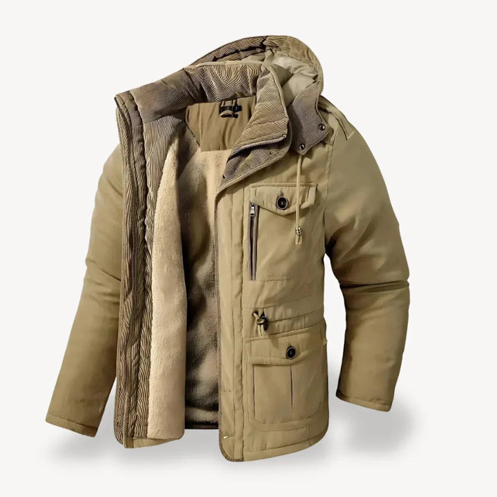 Beige Winterjacke mit Fleece-Futter, Kapuze und praktischen Cargo-Taschen