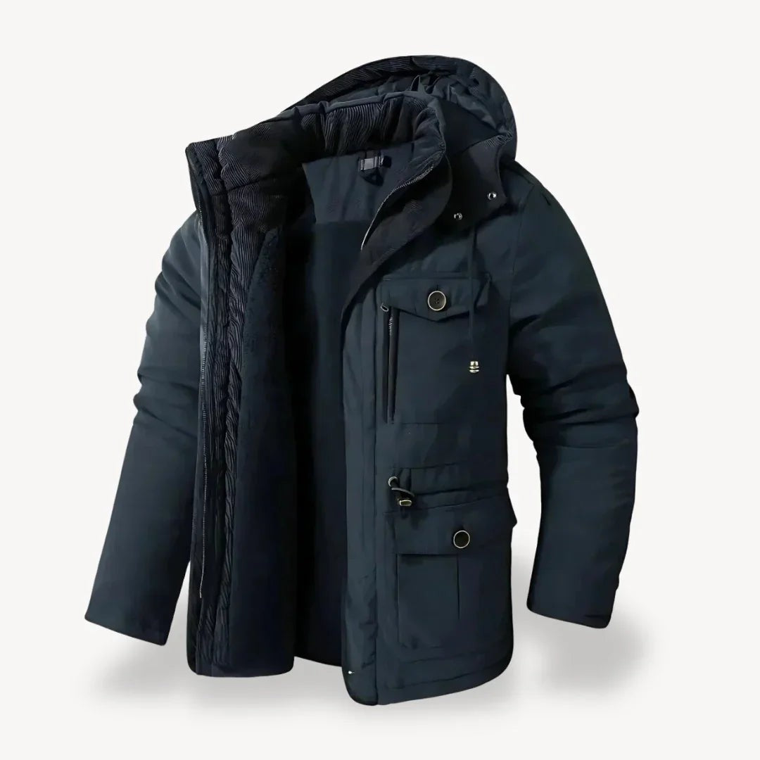 Marineblaue Herren-Winterjacke mit Fleece-Futter und abnehmbarer Kapuze
