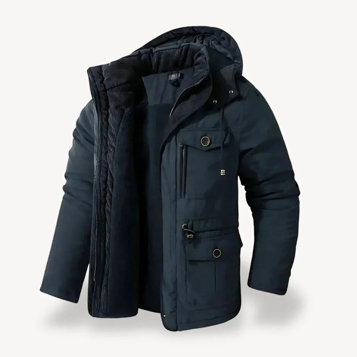 Marineblaue Herren-Winterjacke mit Fleece-Futter und abnehmbarer Kapuze
