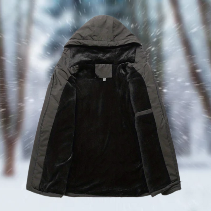 Schwarze Kapuzenjacke mit dickem Fleecefutter, geöffnet und ausgebreitet