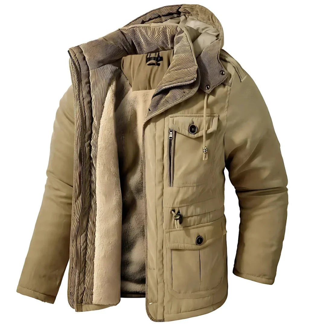 Beige Winterjacke mit Kapuze und Fleece-Futter, offen präsentiert