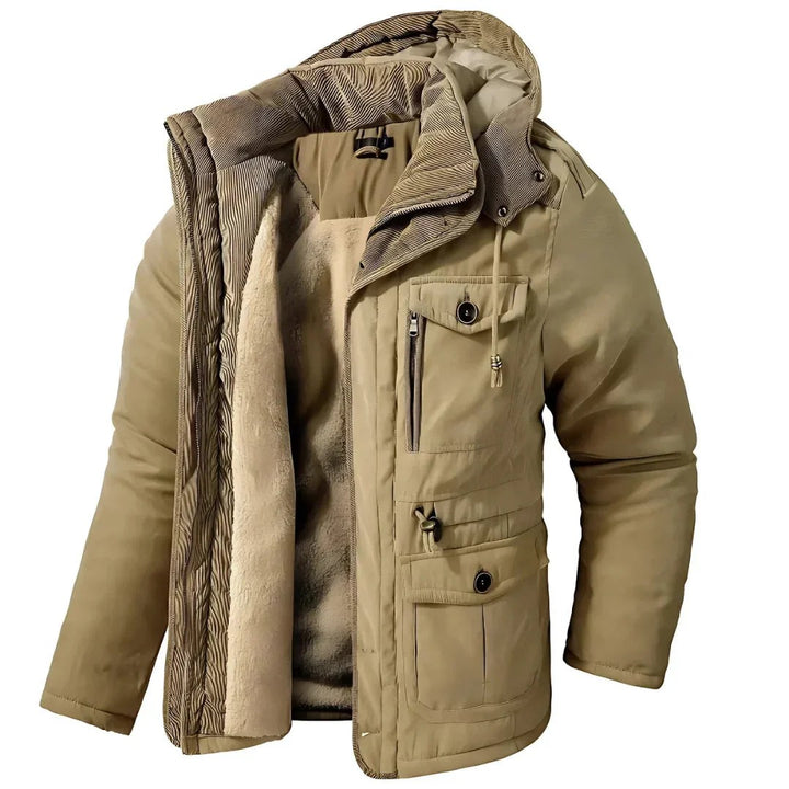 Beige Winterjacke mit Kapuze und Fleece-Futter, offen präsentiert