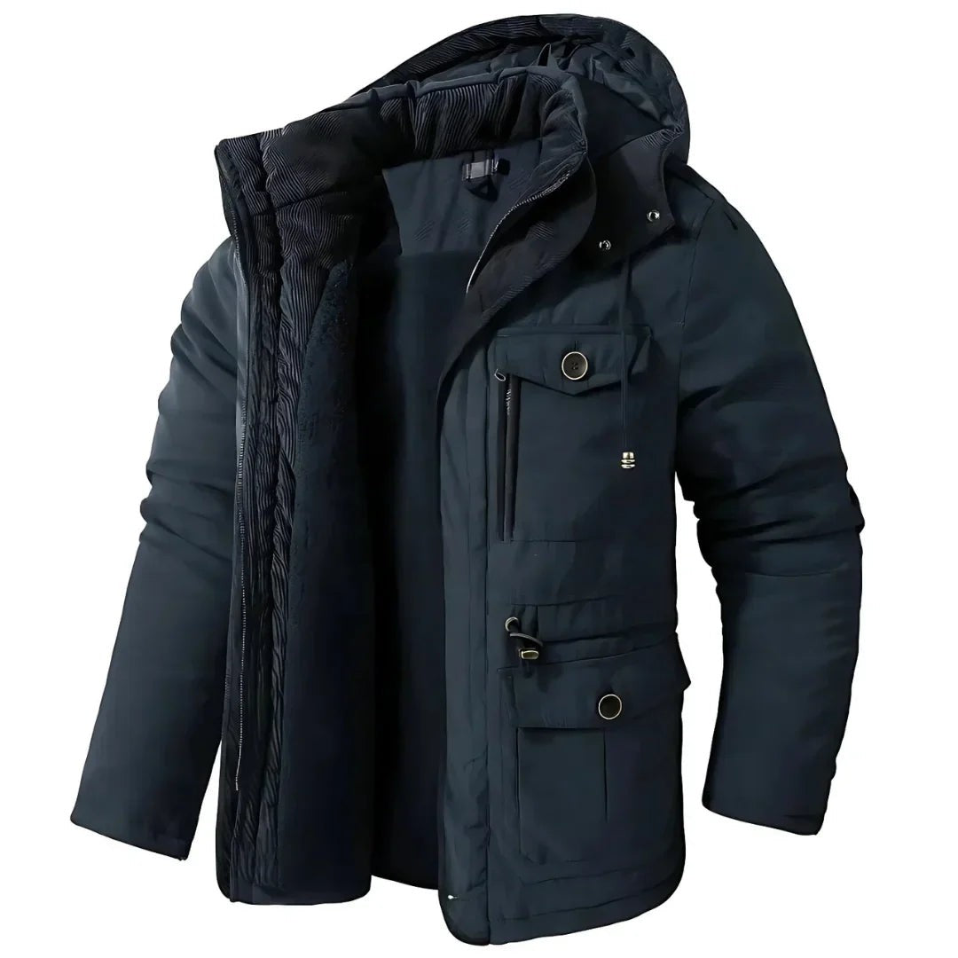 Marineblaue wind- und wasserdichte Winterjacke mit Fleecefutter