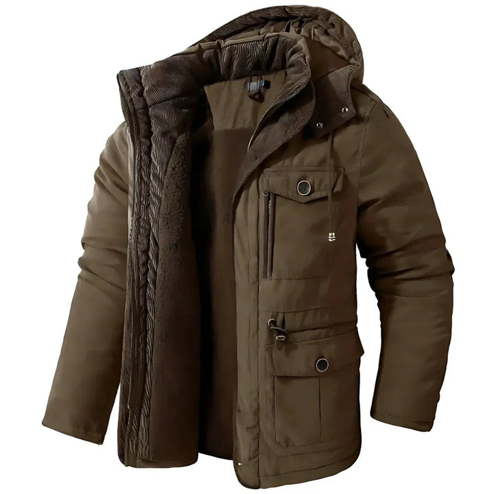 Braune Winterjacke mit Kapuze, Kordelzug und Brusttasche