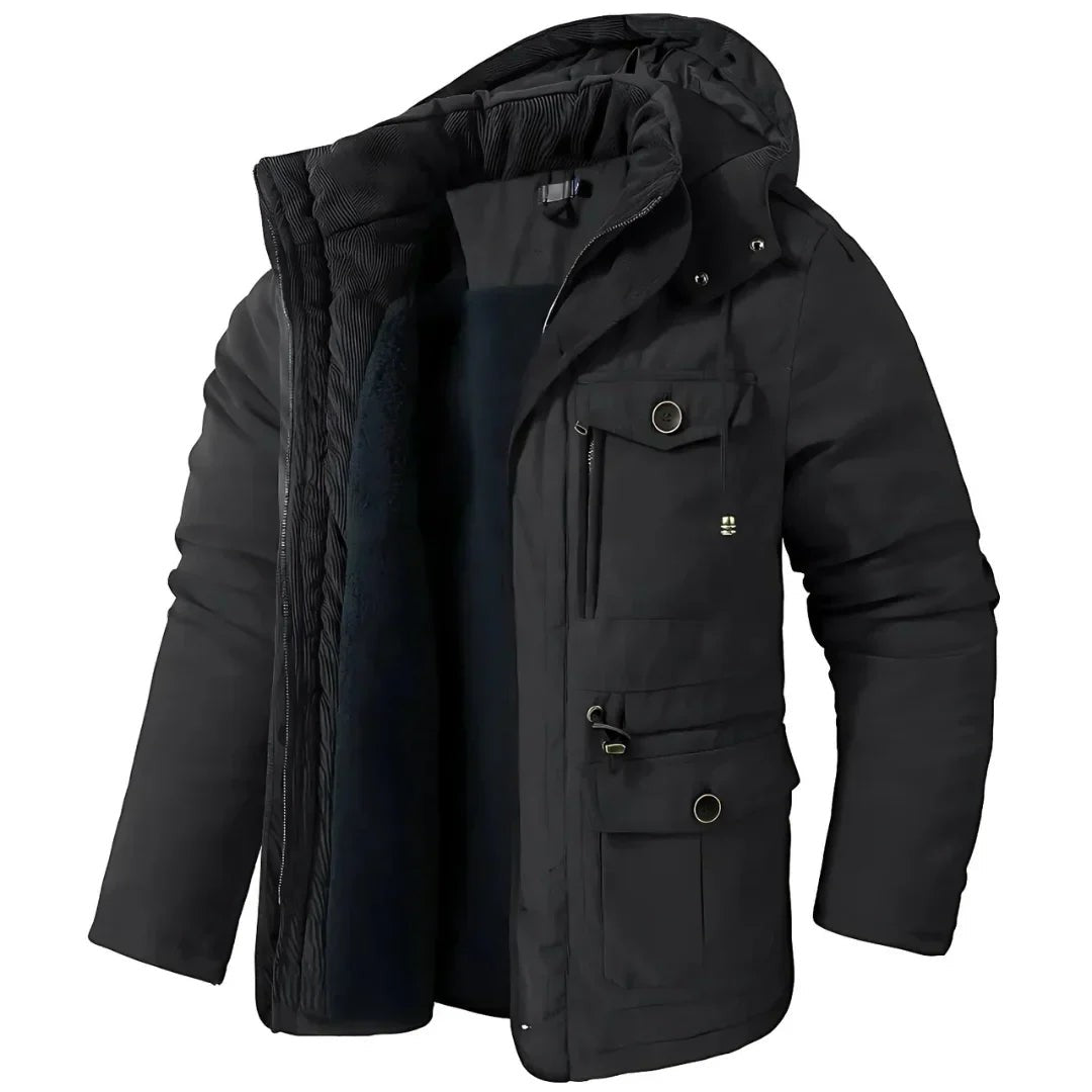 Schwarze Winterjacke mit Kapuze und flauschigem Innenfutter