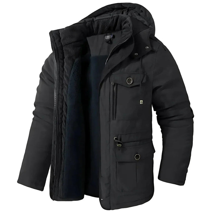 Schwarze Winterjacke mit Kapuze und flauschigem Innenfutter