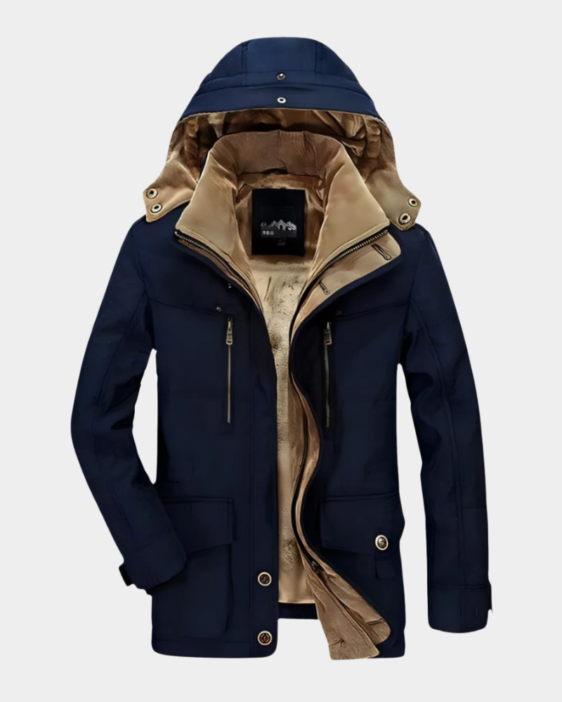Herren Winterjacke dunkelblau mit Kapuze und warmem Fleece-Innenfutter