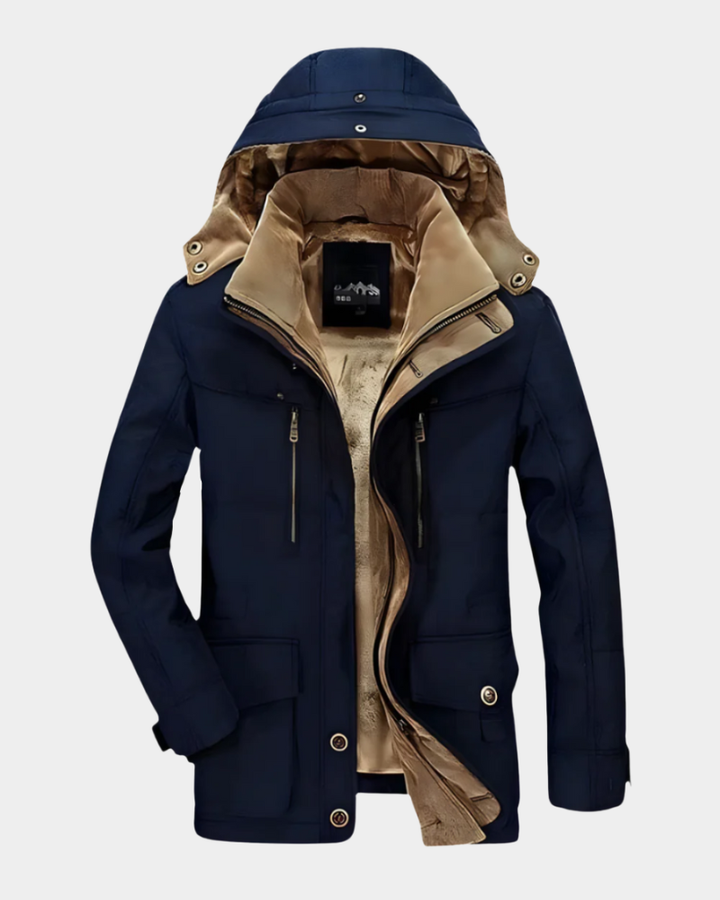 Herren Winterjacke dunkelblau mit Kapuze und warmem Fleece-Innenfutter