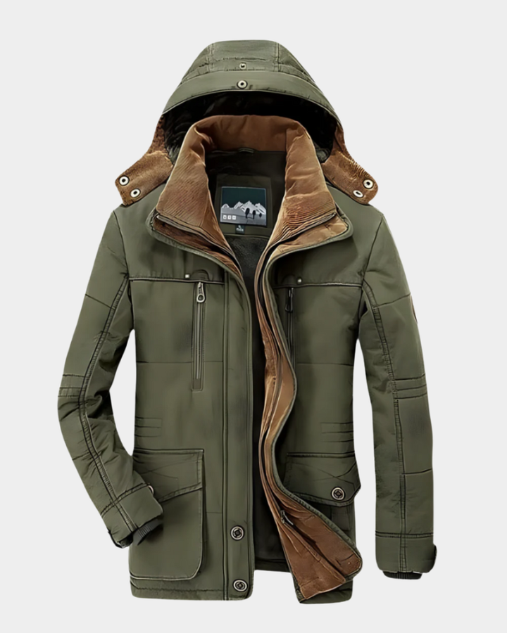 Herren Parka olivgrün mit Kapuze und beigem Fleecefutter, geöffnet