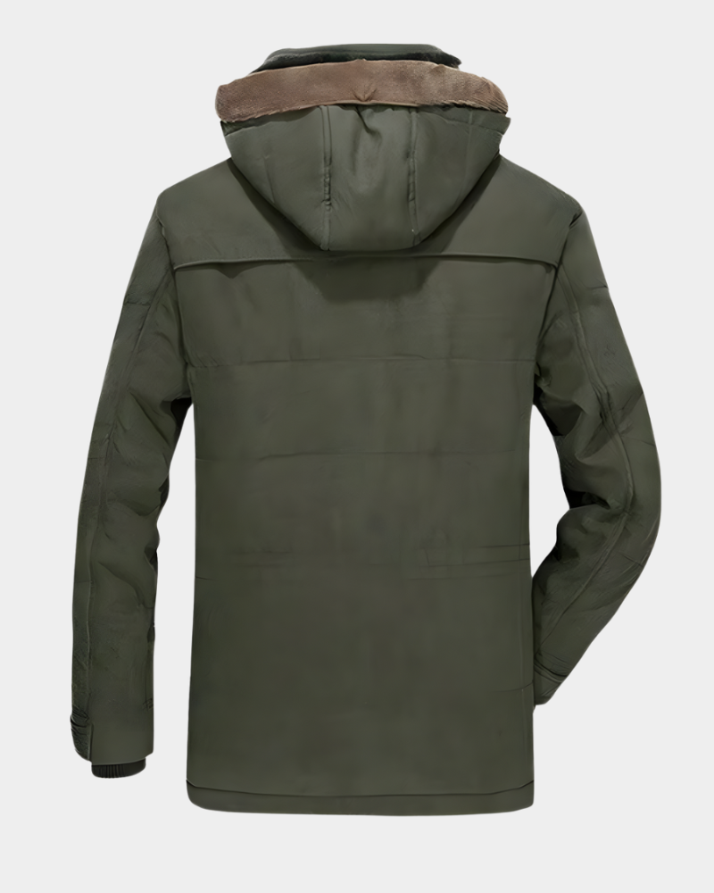 Olivgrüne Winterjacke mit Kapuze, Rückenansicht mit Kunstfellbesatz