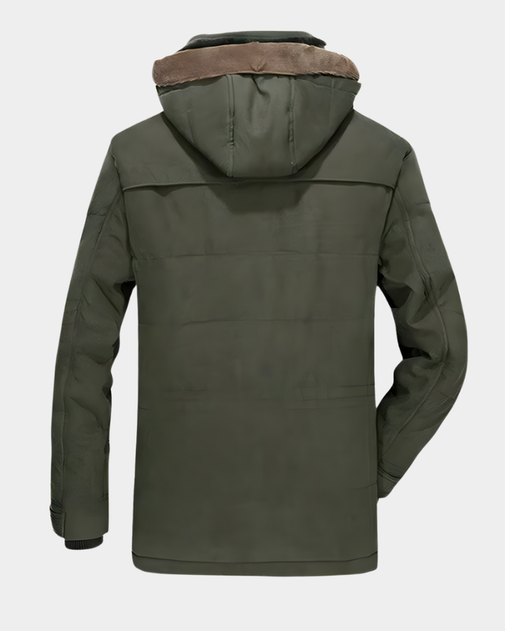 Olivgrüne Winterjacke mit Kapuze, Rückenansicht mit Kunstfellbesatz