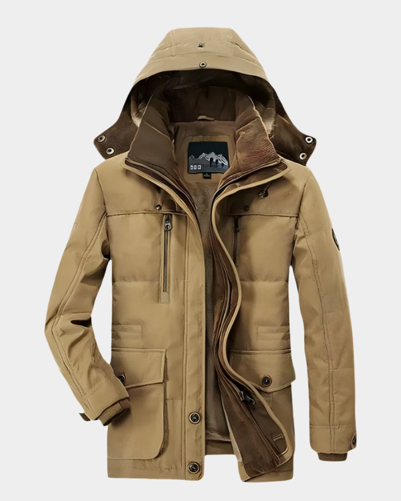 Herren Winterjacke sandfarben mit Kapuze und offenem Reißverschluss