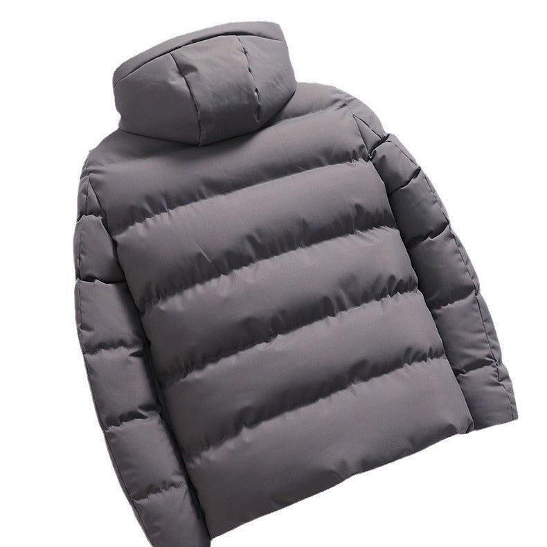 Rückansicht graue Daunenjacke mit Kapuze, horizontale Steppnähte