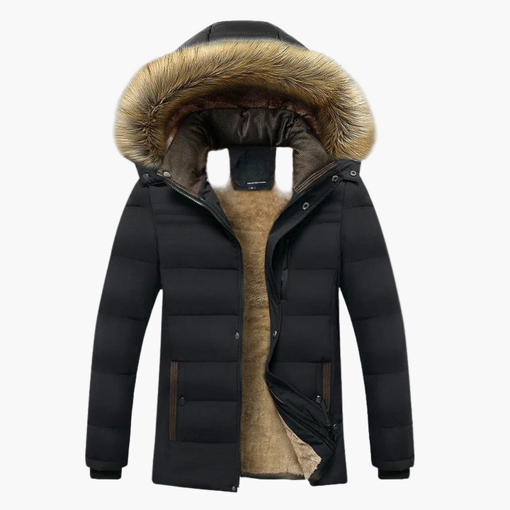 Herren Winterjacke schwarz mit Kapuze und Fellkragen, Frontansicht