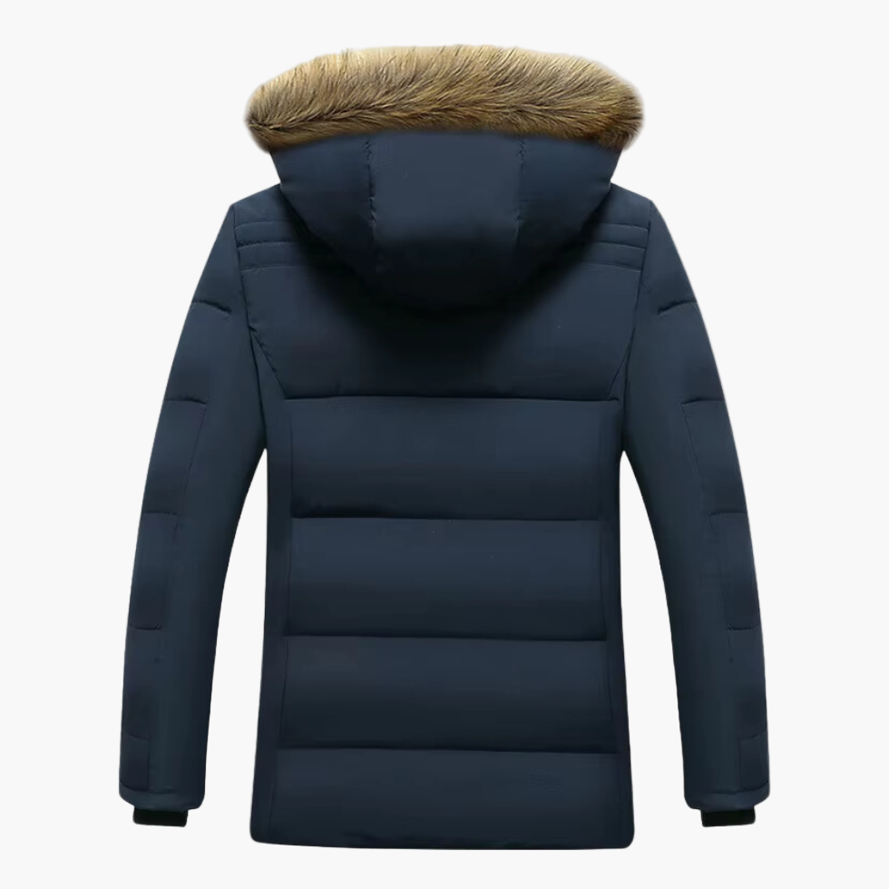 Winterjacke dunkelblau mit Kunstfellkapuze, Rückenansicht