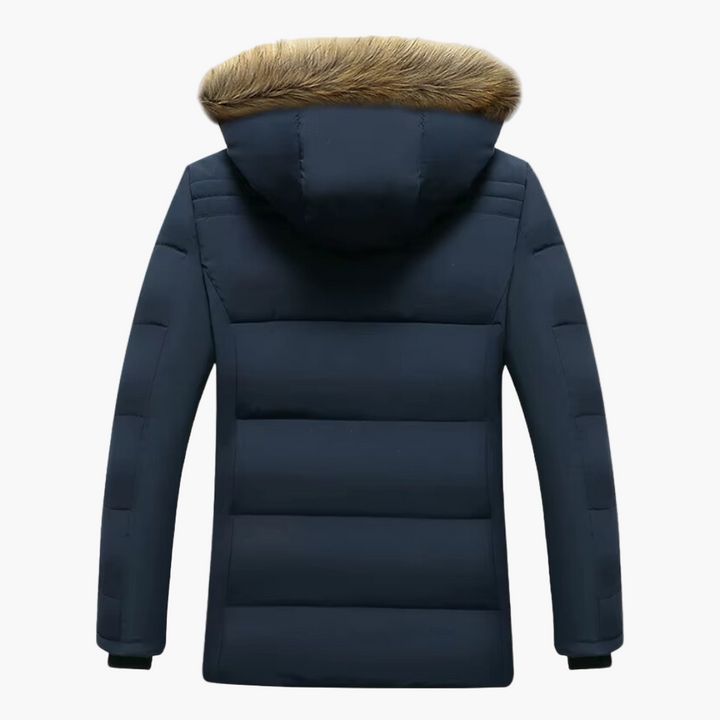 Winterjacke dunkelblau mit Kunstfellkapuze, Rückenansicht